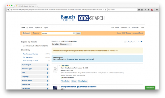 Screenshot of CUNY OneSearch @ Baruch result page, search for 'late fees,' displaying Adwords prompt above the results
