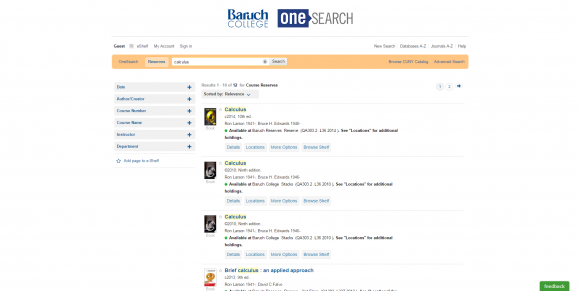 Screenshot of CUNY OneSearch at Baruch, open to Reserves tab.