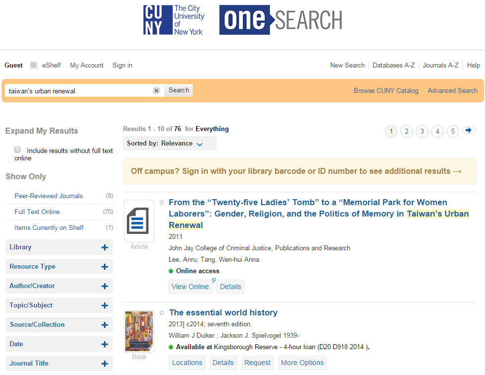 Screenshot of CUNY OneSearch result page, search for anything