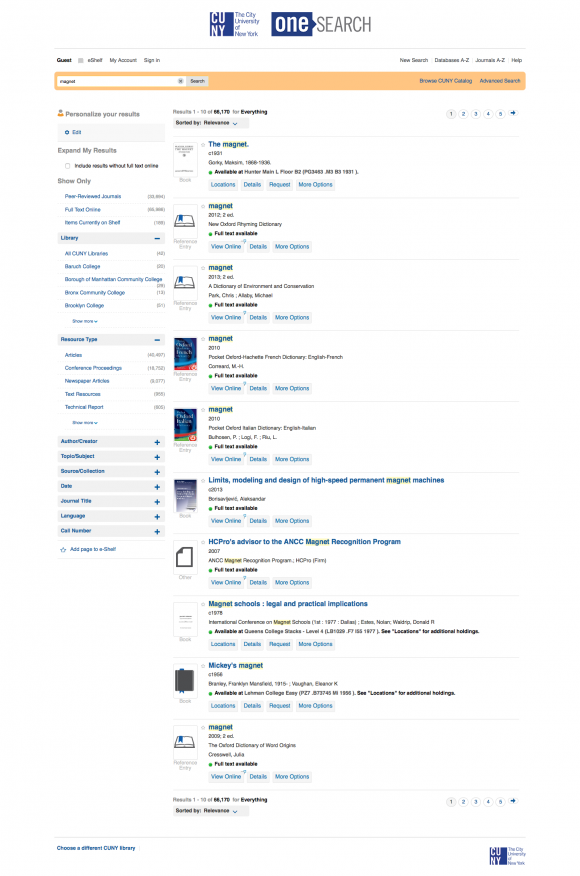 Screenshot of CUNY OneSearch results page for query 'magnet' (no personalization)