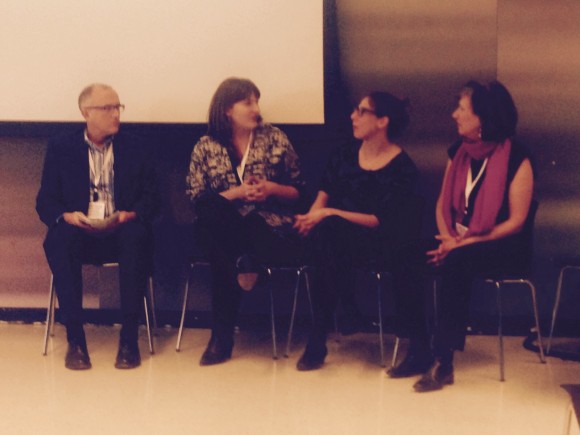(left to right) William Casari, Megan Wacha, Jill Cirasella, and Miriam Deutch discuss Academic Works at the CUNY IT Conference.